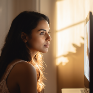 Jovem mulher olhando para a tela do computador